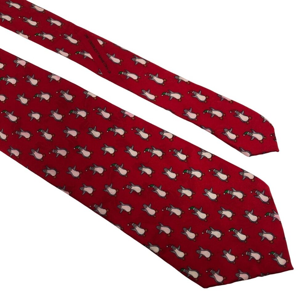 Hallmark Holiday Traditions Silk Necktie Christmas Penquins Red Office Dad Gift
